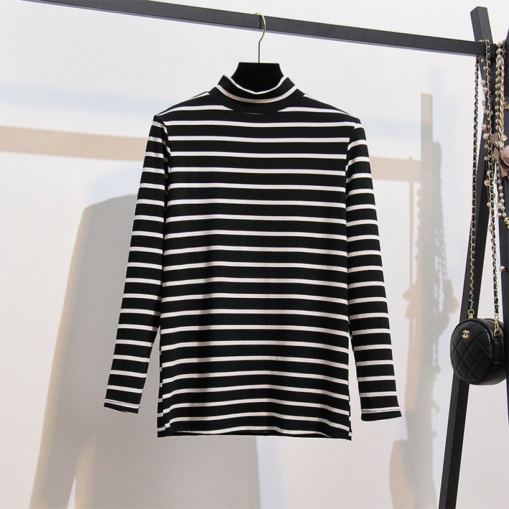 Autumn and Winter Fat Mm Extra Plus Size Women's Pit Strip Long-Sleeved T-Shirt Thin Striped Bottoming Shirt