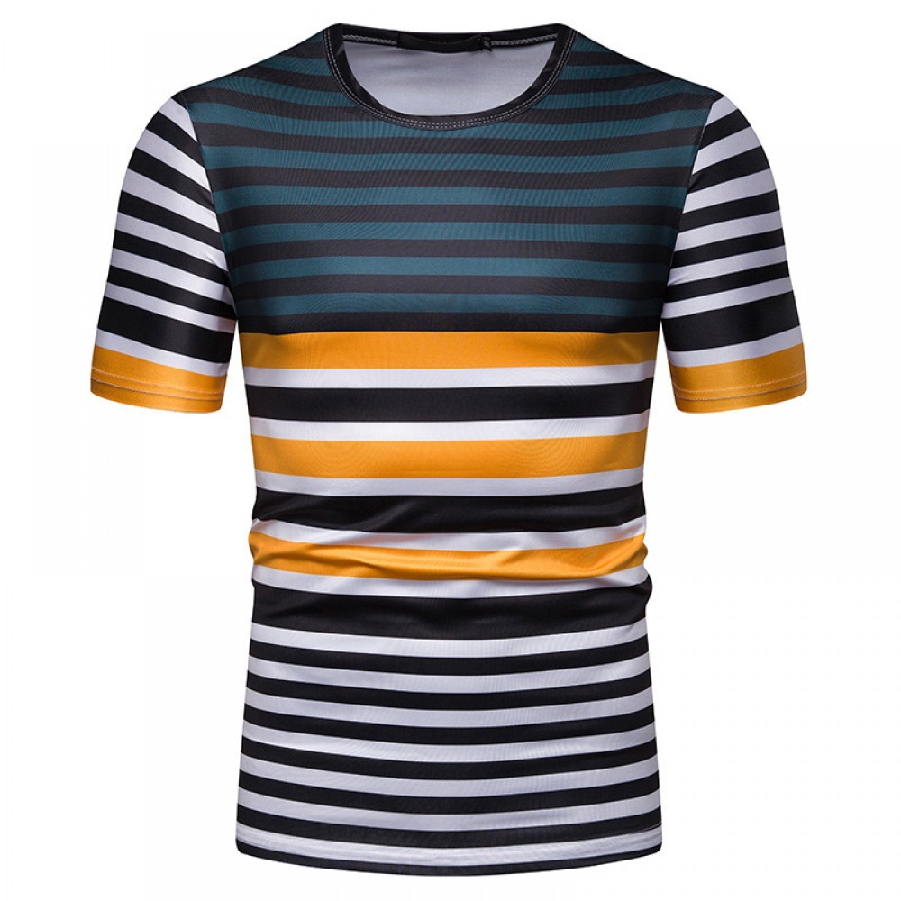 New Summer Men's Short-Sleeved T-Shirt Contrast Striped Slim Casual T-Shirt