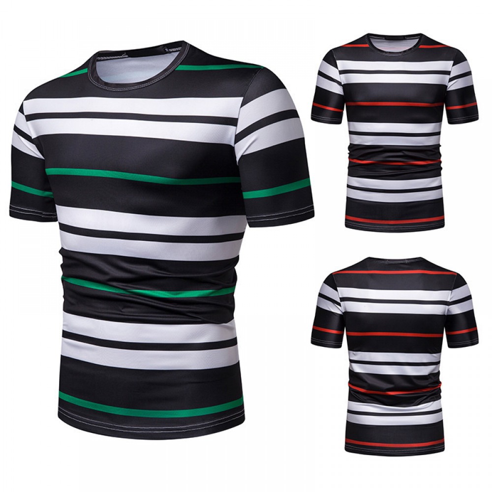 New Summer Men's Short-Sleeved T-Shirt Contrast Striped Slim Casual T-Shirt
