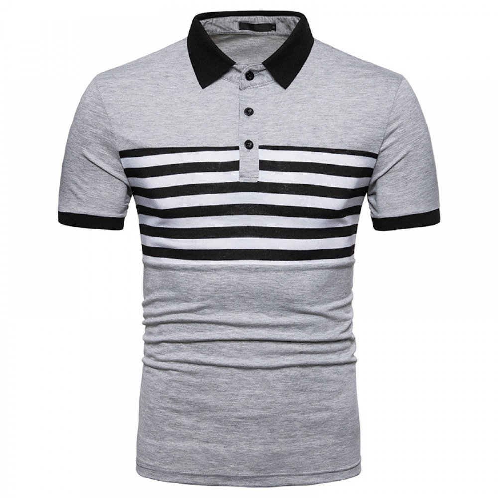 Summer Men's Short-Sleeved T-Shirt Small Lapel Striped Polo Shirt Slim Trend Shirt Collar